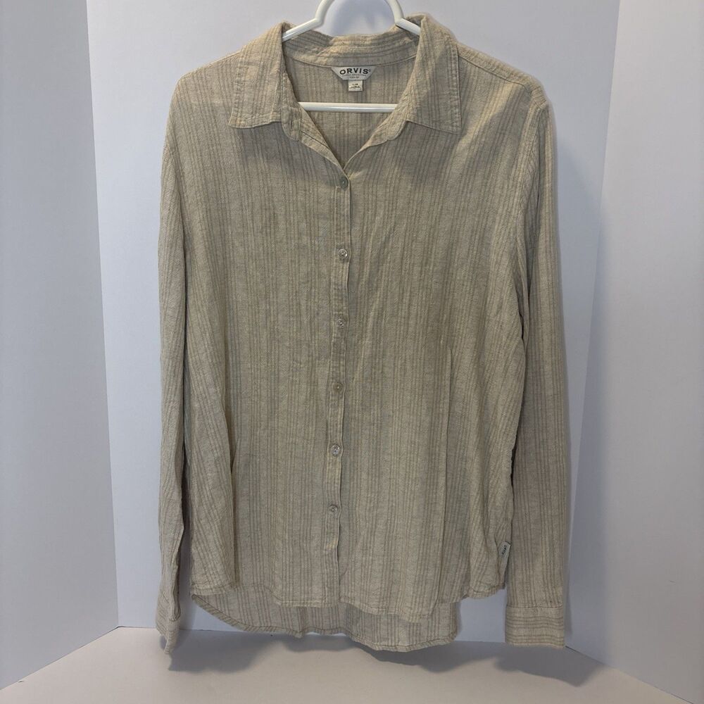 Women’s Orvis Button Front Beige Linen Blend Roll Tab Sleeve Shirt, Large